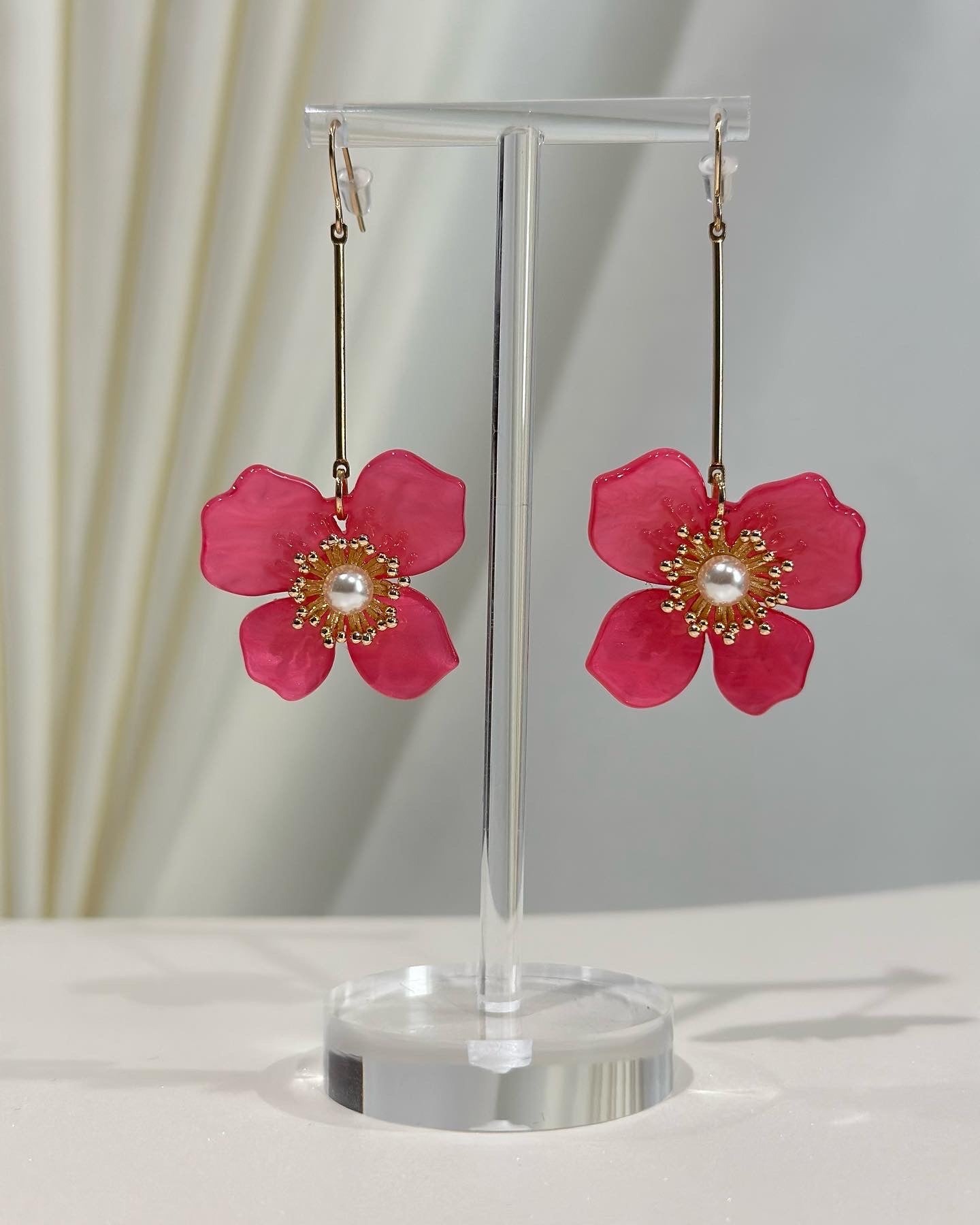 Gold Bar Drop Earring w/ Fuchsia Flower