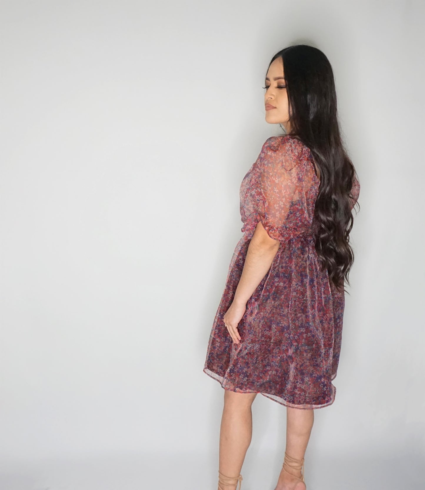 Burgundy - Floral Puff Mini Dress