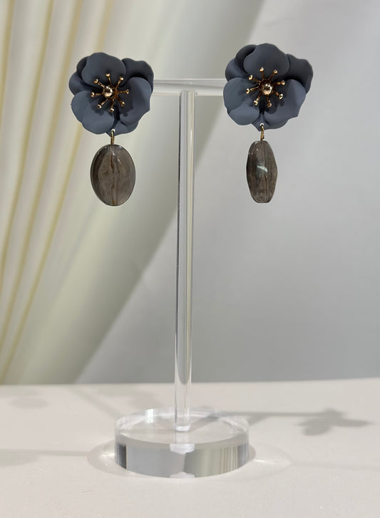 Gray - Metal Flower Acrylic Bead Earrings