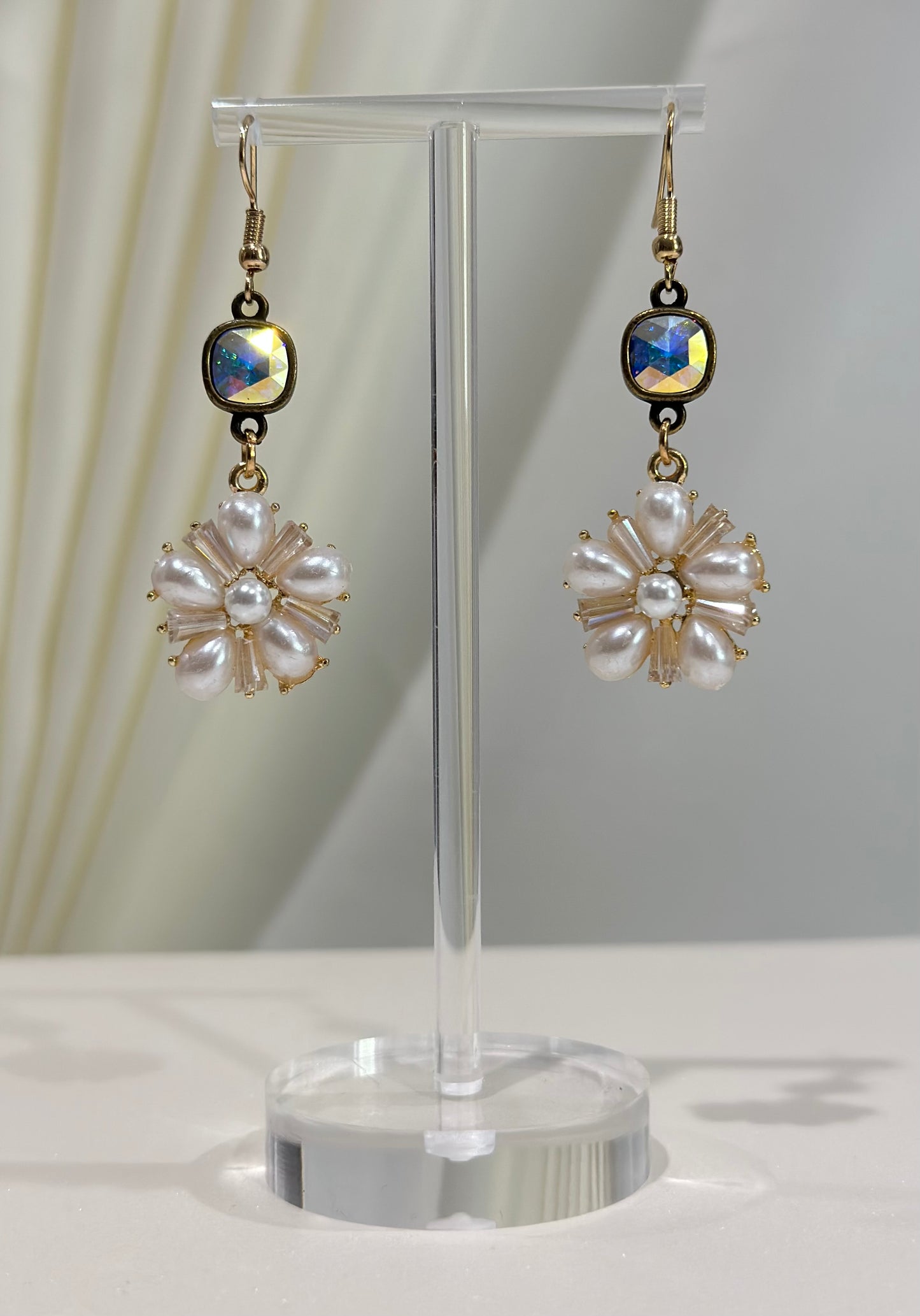 Cushion Cut Post Pearled Flower Drop Earrings