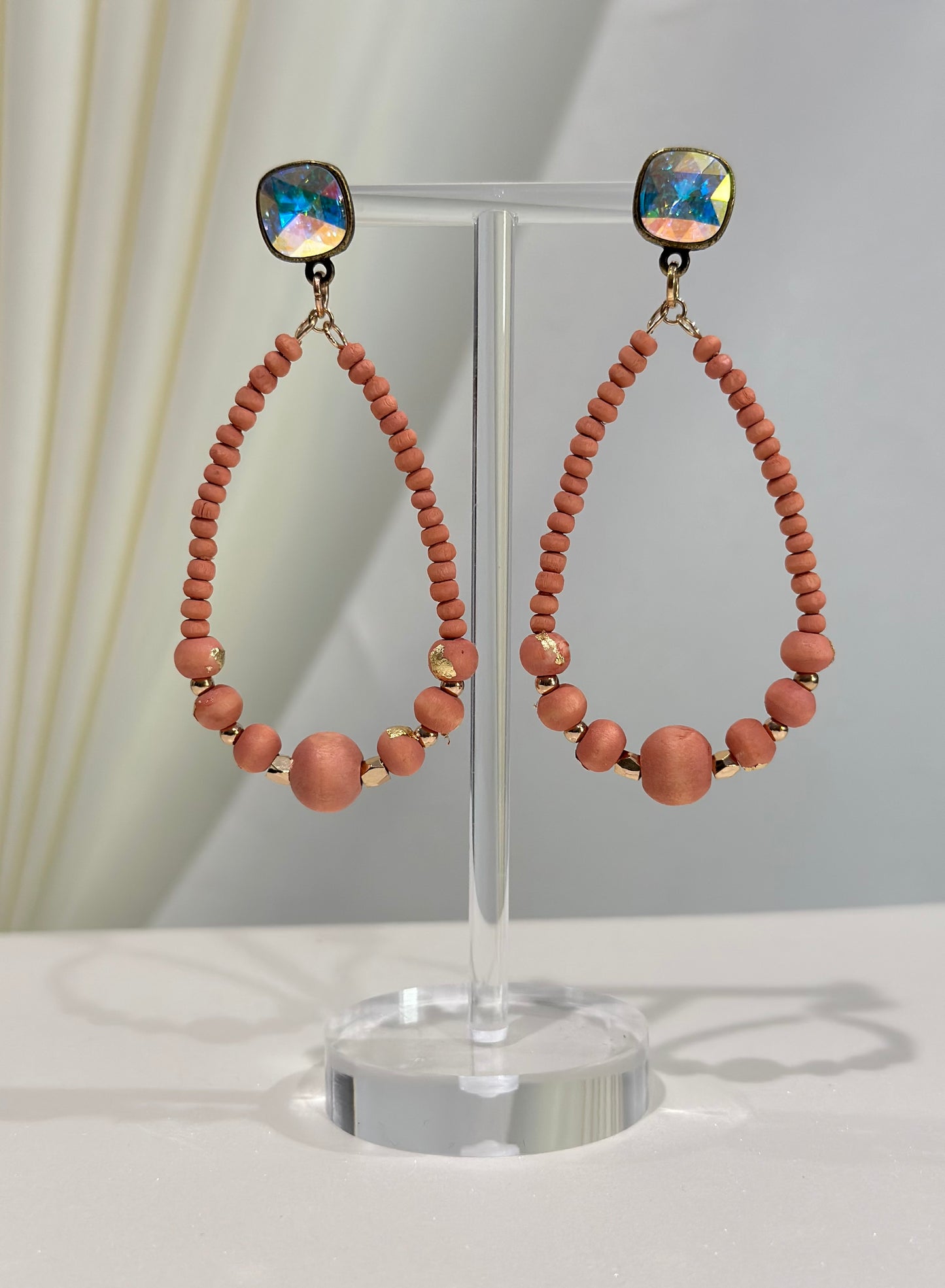 Peach Wood Bead Teardrop Earrings