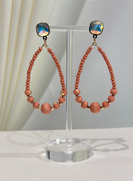 Peach Wood Bead Teardrop Earrings