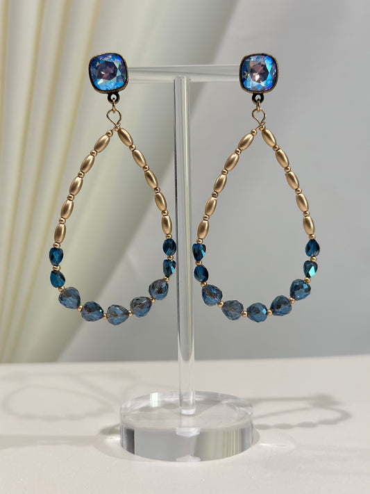 Gold/Blue Elegant Beaded Teardrop Earrings