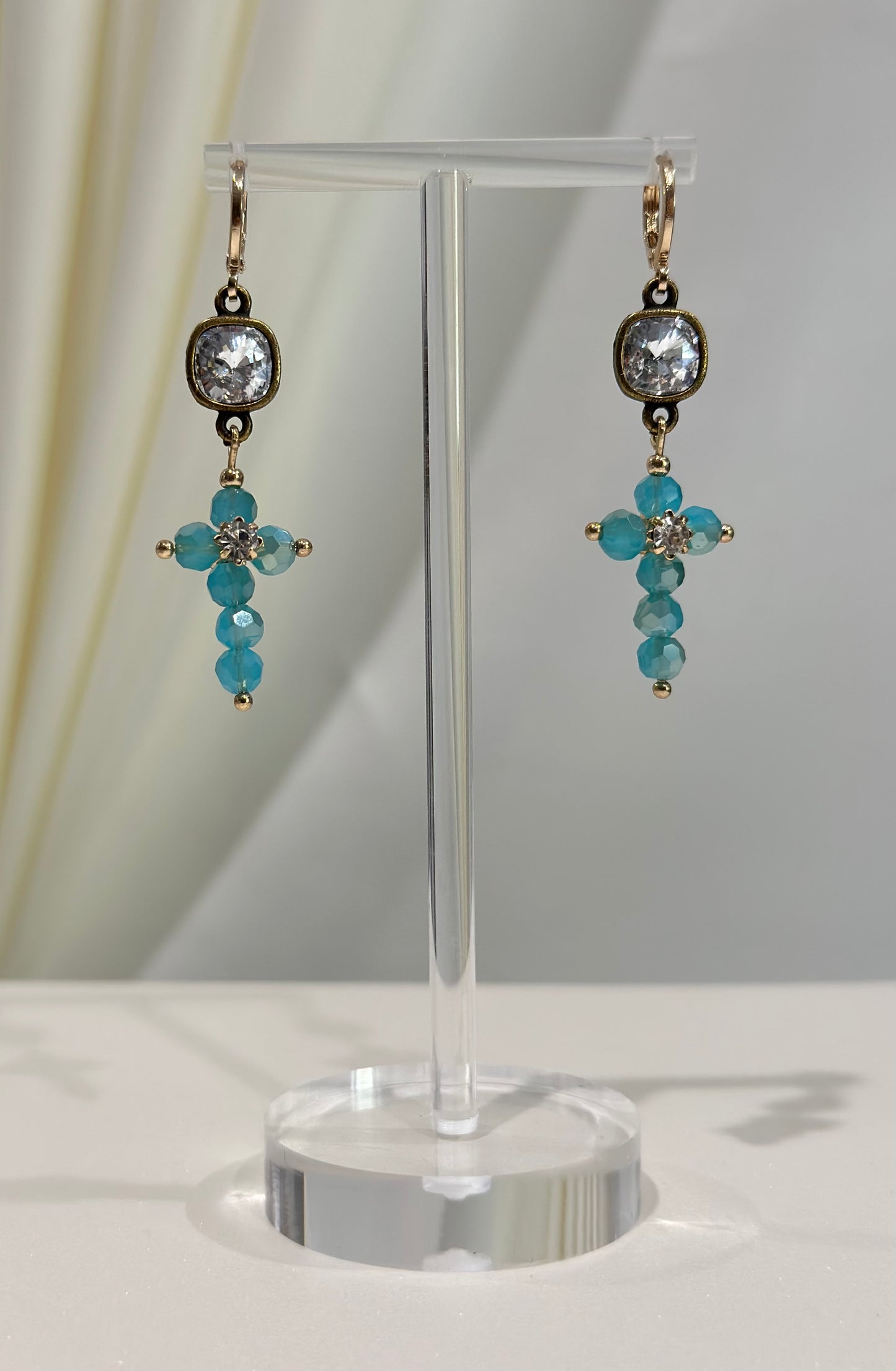 Aqua Bead Cross Earrings