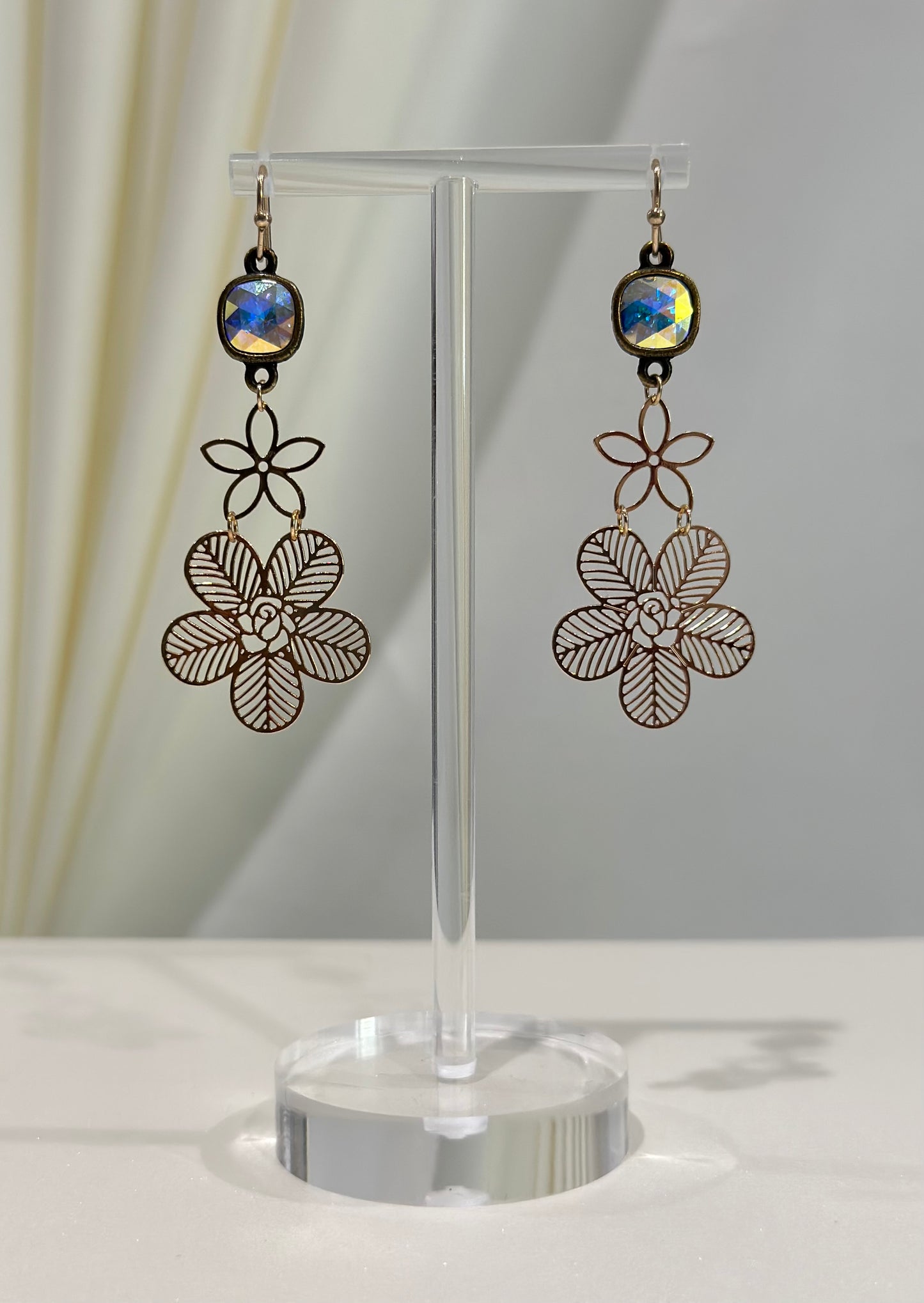 AB Cushion Cut Post Gold Flowers Drop Earrings