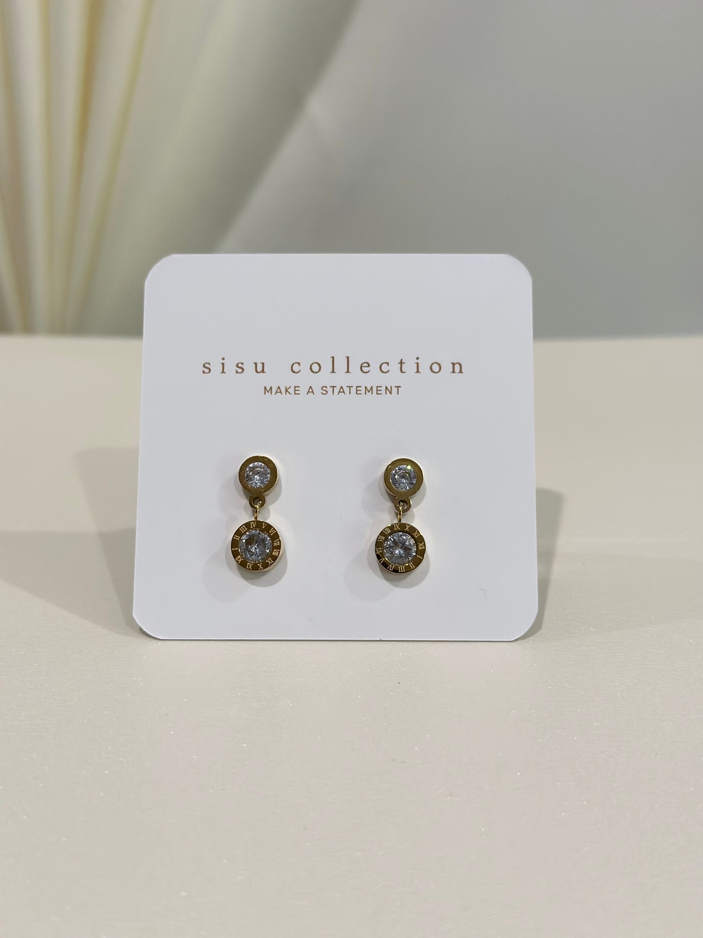 Gold Double Bezel Drop Stud Earrings