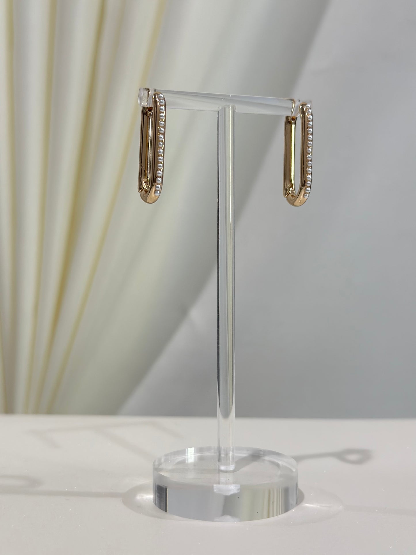 Mini Pearl Gold Rectangle Huggie Earrings