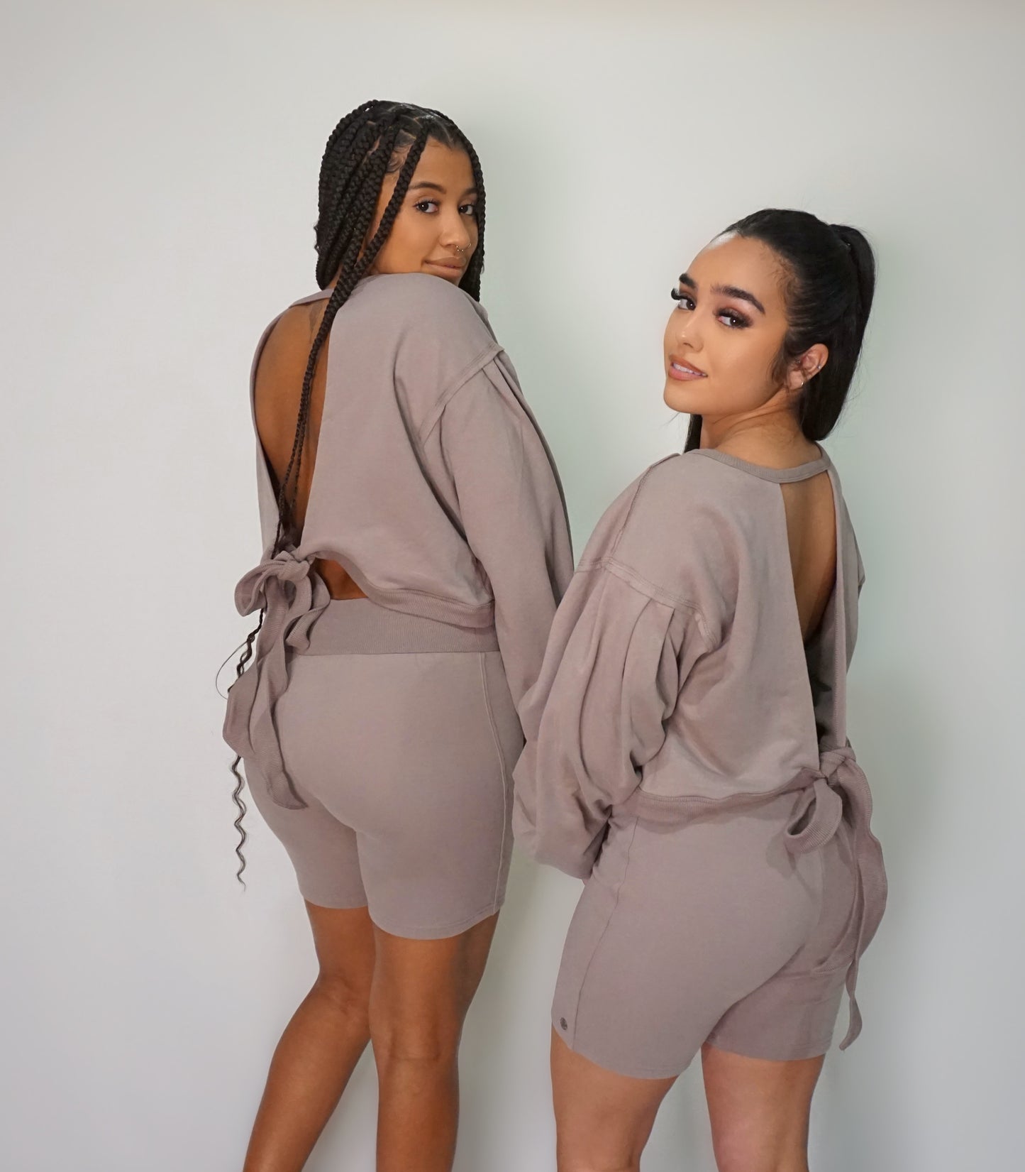 Taupe - Open Back Top & Biker Shorts Set